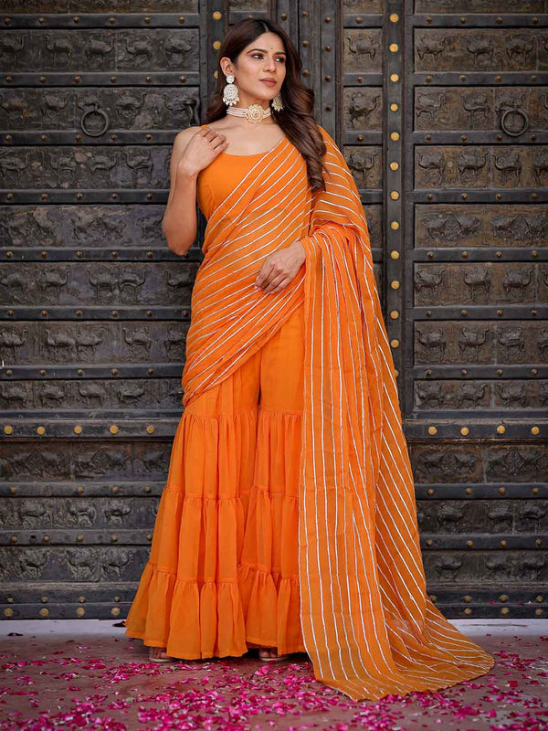 Regal Orange Georgette Draping Sharara Saree with Cotton Lining