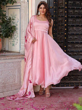 Ravishing Pink Satan Silk Anarkali Suit Set with Satan Hand Print Dupatta