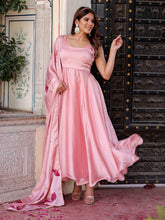 Ravishing Pink Satan Silk Anarkali Suit Set with Satan Hand Print Dupatta