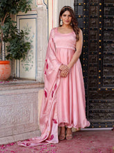 Ravishing Pink Satan Silk Anarkali Suit Set with Satan Hand Print Dupatta