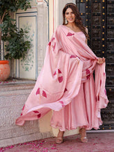 Ravishing Pink Satan Silk Anarkali Suit Set with Satan Hand Print Dupatta