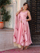 Ravishing Pink Satan Silk Anarkali Suit Set with Satan Hand Print Dupatta