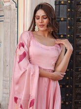 Ravishing Pink Satan Silk Anarkali Suit Set with Satan Hand Print Dupatta