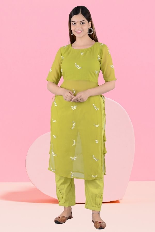 Women Georgette Kurta Pant Set Parrot Green