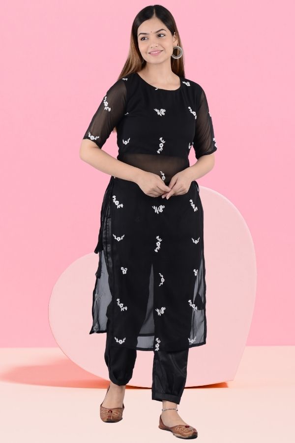 Women Georgette Kurta Pant Set Black