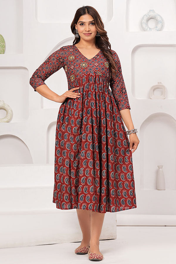 Alia Cut Dress Pure Cotton Printed Elegance with Hand Work on Yoke - Maroon