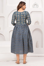 Alia Cut Dress Pure Cotton Printed Elegance with Hand Work on Yoke - Blue