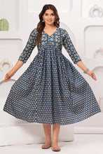 Alia Cut Dress Pure Cotton Printed Elegance with Hand Work on Yoke - Blue