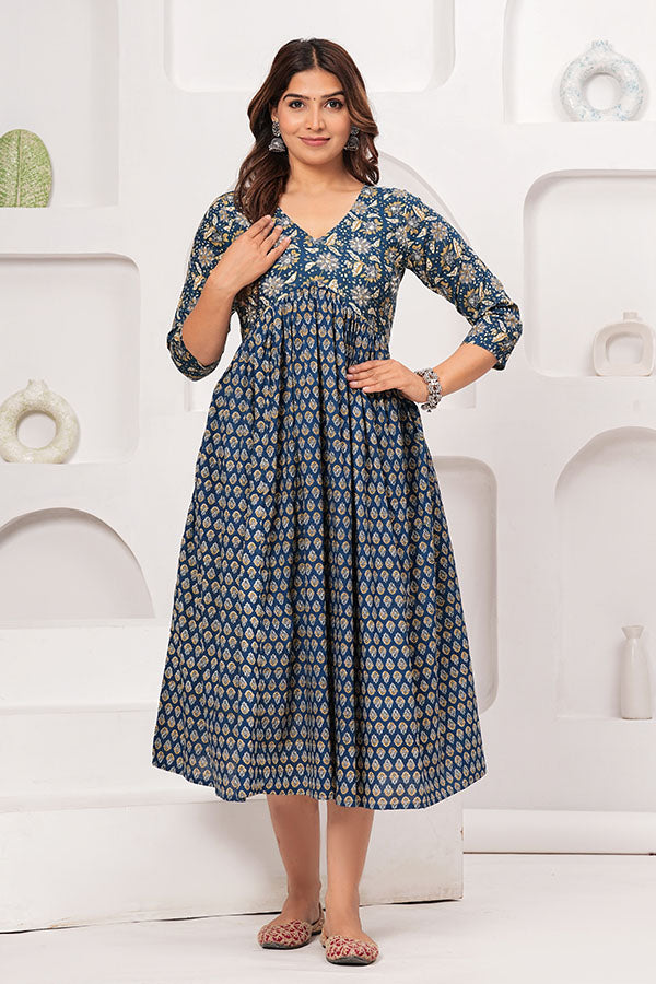 Alia Cut Dress Pure Cotton Printed Elegance with Hand Work on Yoke - Blue