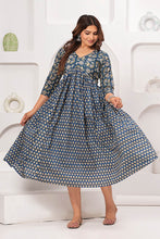 Alia Cut Dress Pure Cotton Printed Elegance with Hand Work on Yoke - Blue