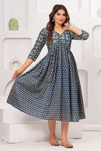 Alia Cut Dress Pure Cotton Printed Elegance with Hand Work on Yoke - Blue