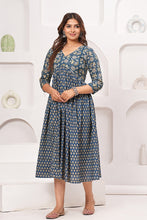 Alia Cut Dress Pure Cotton Printed Elegance with Hand Work on Yoke - Blue