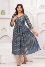 Alia Cut Dress Pure Cotton Printed Elegance with Hand Work on Yoke - Blue