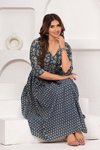 Alia Cut Dress Pure Cotton Printed Elegance with Hand Work on Yoke - Blue