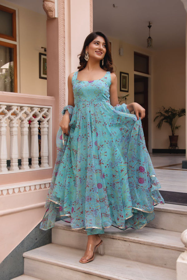 Sky blue printed Anarkli